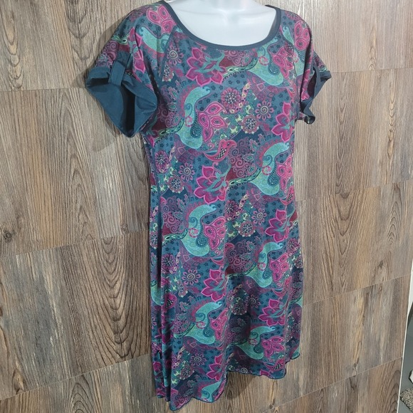 VTG Title Nine Athletic Dress M Floral Paisley Faux Roll Tab Slv Scalloped Hem - Picture 2 of 12